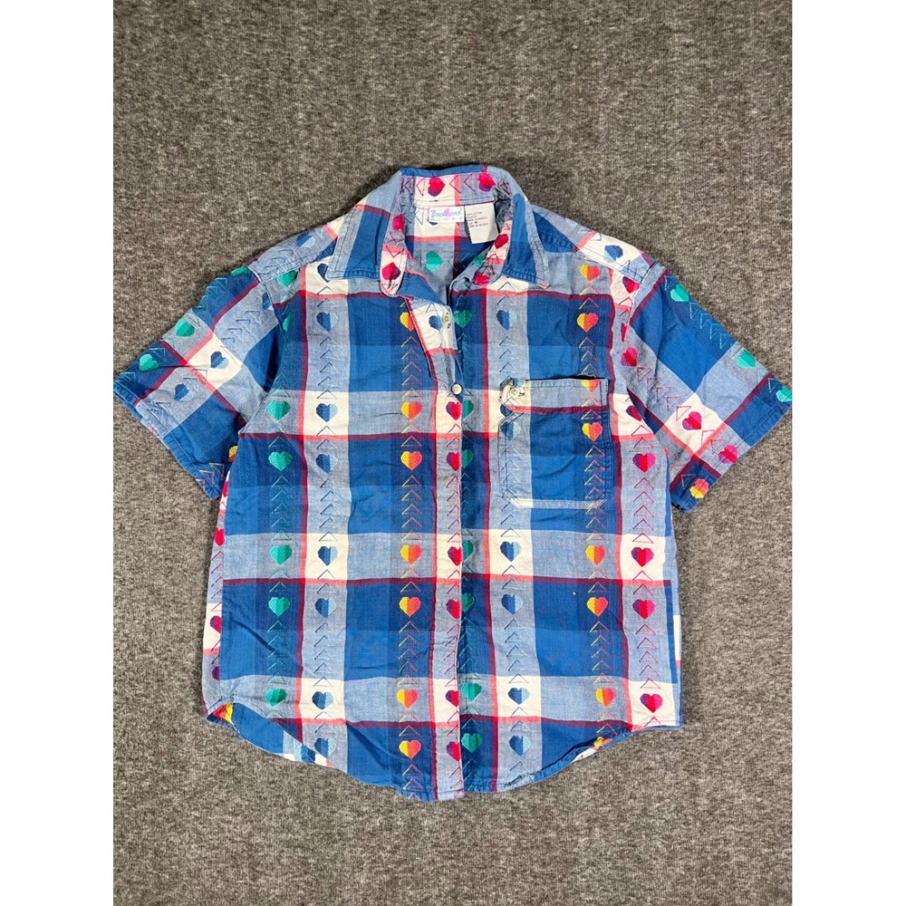 Vintage Backroad Blues Blue Plaid Embroidered Hearts Cotton Button Down Shirt M